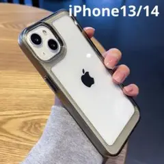 iPhone13/14 ケース　ブラック　透明 シンプル 新品　フィルムセット