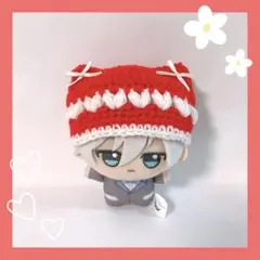 ちびぐるみ ぬい服 ぷっくりハート 猫耳ニット帽 赤×白 編み物