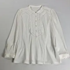 ボディドレッシングフリル長袖シャツブラウスノーカラーキラキラワンポイント白古着