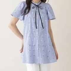 未使用 ★ ローズティアラ ★ チューリップ 刺繍 チュニック 水色 半袖 40