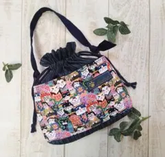 猫イラストの巾着型トートバッグ