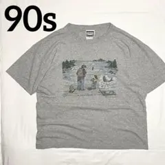90s カナダ製 釣り フィッシング アート Tシャツ 杢グレー ゆるだぼ 古着