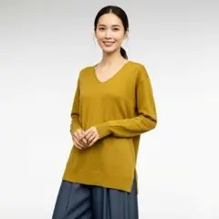 Ｌ・マスタード　アンゴラ混　前後Vネック　ハイゲージニット　新品未使用