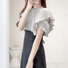 mily bilet ダブルフリル袖チェックレースドッキングワンピース