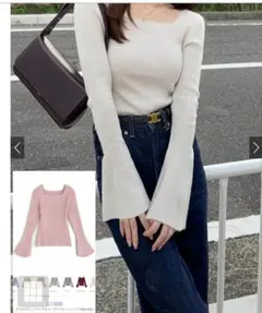 GRL スクエアネックリブ編み フレアスリーブ ニット　トップス　ピンク　 M