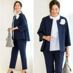 人気　ネイビー　紺　パンツセットアップ　フォーマル　スーツ　大人可愛　体型カバー