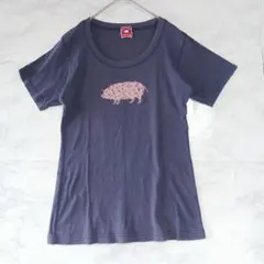 drug store's Tシャツ 半袖 豚プリント 紺 ブタ 刺繍 綿100%のサムネイル