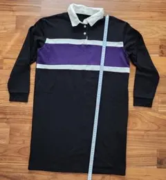 COLZAロングワンピース長袖ポロシャツ風 ブラック×パープル×ホワイトLサイズ