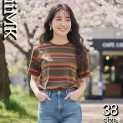 オリーブグリーン ストライプ 半袖Tシャツ