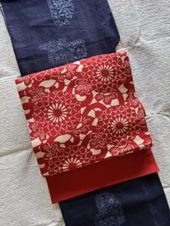 名古屋帯 草木染 型染め 赤 松葉仕立て八寸名古屋帯　ビンテージ品