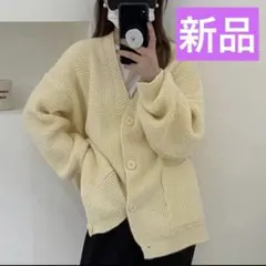 新品 vネック 長袖 ニット カーディガン 羽織り ポケット イエロー 春　秋