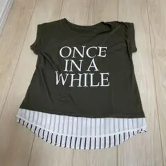 タイムセール　ロゴプリント 異素材切替 Tシャツ カーキ ストライプ