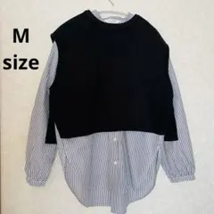 アメリカンホリック　ベスト＋バンドカラーブラウス　ストライプ　イージーケア