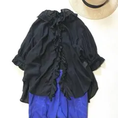 美品＊ネストローブ リネン100 フリルシャツ ブラウス リボン ブラック