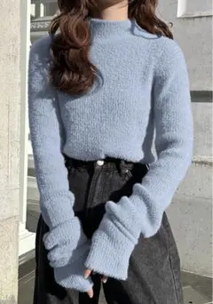 サムホール付きハイネックラメフェザーニットトップス[kz391]