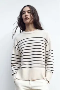 ZARA クルーネックサイドスリットプルオーバーストライプ ニットセーター XS