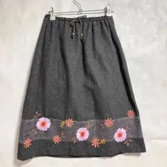 ウール フレアスカート M 花柄刺繍 ゴム 昭和レトロ ヴィンテージa5746B