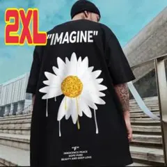 メンズ デイジー 花柄 半袖 Tシャツ 韓国 ブラック 2XL