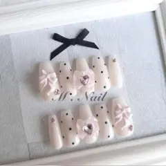 ネイルチップ フレンチガーリー リボン ドットネイル 量産型 韓国