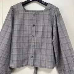 チェック柄 スクエアネック ブラウス リボン