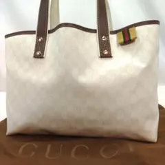 【美品】グッチ トートバッグ レザー×PVC A4可 肩掛け GG柄 ホワイト