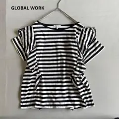 【グローバルワーク】半袖フリルTシャツ　ボーダー　クルーネック　モノトーン（L）のサムネイル