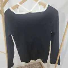 オフショルダーリブ編み長袖トップス