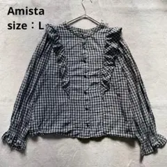 Amista フリル 長袖シャツ【L】ギンガムチェック バンドカラー 1549