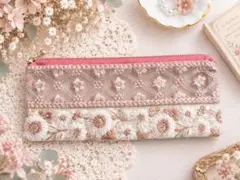 インド刺繍リボン ポーチ ペンケース 筆箱 スパンコール マルチケース ピンク
