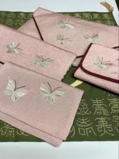 ピンク 蝶刺繍 袱紗 5点セット　正絹　ふくさ