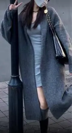 グレー ニット ロングカーディガン