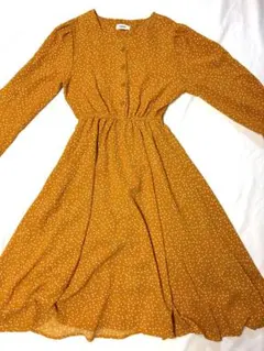 ヴィンテージ古着 水玉ロングワンピース マスタード からし色 昭和レトロ
