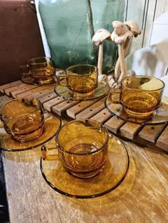 アンバー　カップ　ソーサー　ティー　蘇我グラス　昭和レトロ　ヴィンテージ