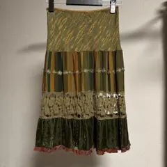 フレアスカート オリーブグリーン レース装飾