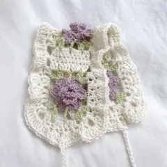 手編み フリル付き薔薇ヘッドドレス バブーシュカ ホワイト×ピンクパープル