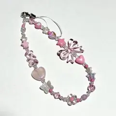 ビーズストラップ　リボン　ピンク