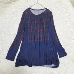 ピノーレ カットソー L ネイビー レッド チュニック丈 ストレッチ