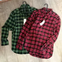【新品未使用タグ付2点セット】ユニクロ　グリーン/レッド 長袖ネルシャツ