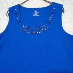 美品☆ノースリーブ タンクトップ インナー L コバルトブルー 青 ビーズ装飾