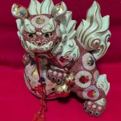 激レア 九谷焼 玉乗り獅子 狛犬 シーサー 置物 縁起物 金彩 陶器製