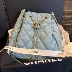 CHANEL 巾着チェーンショルダー バケットバッグ カーフスキン ライトブルーのサムネイル