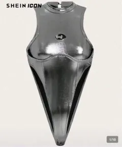 タートルネック アシンメトリー ボディスーツ メタリックカラー