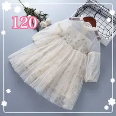 花柄 刺繍 シースルー ワンピース ドレス 長袖 フォーマル 誕生日 白 120