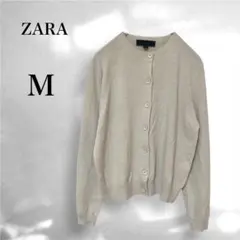 【ザラ】ベージュ カーディガン　クールネック　シンプル　着回し　軽やかニットM