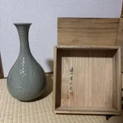 未使用 美品 希少 三田青磁 瓢箪 花瓶 陽刻 牡丹文 狭山 箱付 壺