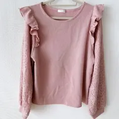 肩フリル　ニット　袖レース　くすみピンク　ハニーズ　Sサイズ　甘めトップス