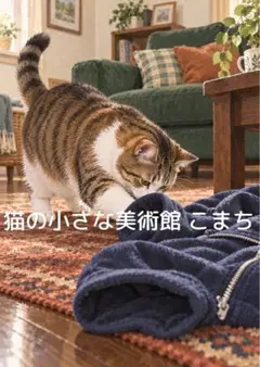 〈一枚限りの作品〉紺色の衣類にじゃれるキジ白猫