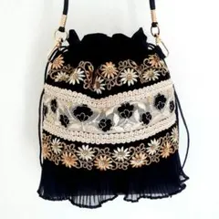 インド刺繍　バッグ　ポシェット　インドリボン　巾着　ショルダーバッグ