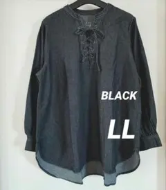 느긋한 데님 레이스 업 블라우스 데님 블라우스 긴팔 블랙 LL