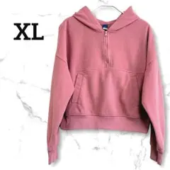 ピンク ハーフジップ フード付きショート丈フリースパーカー 【XL】